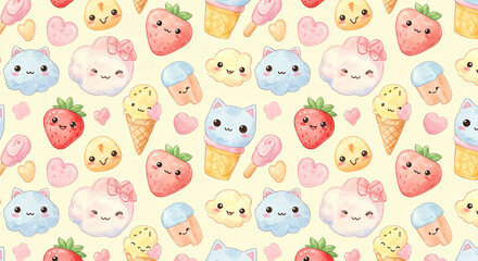 Kawaii Cute Characters Watercolor Pattern Wallpaper Background