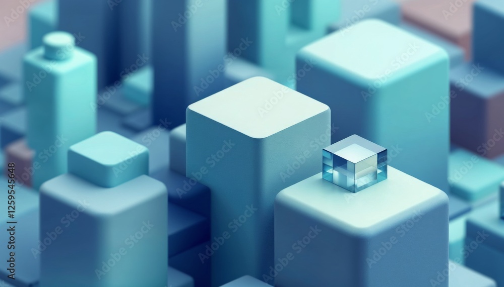 Wall mural geometric composition with soft blue tones and translucent cube accent