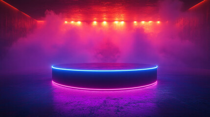 Futuristic gaming podium stage with glowing blue neon cylinder, symbolizing victory, prestige, and competition in a cyberpunk world. Sleek technology and modern aesthetics enhance the dynamic energy.