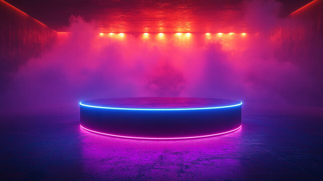Futuristic gaming podium stage with glowing blue neon cylinder, symbolizing victory, prestige, and competition in a cyberpunk world. Sleek technology and modern aesthetics enhance the dynamic energy.
