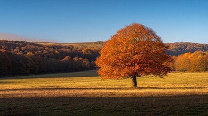 Naklejka premium Solitary autumn tree in field, hills background, nature scenery, wallpaper