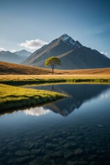 there is a lone tree in the middle of a lake