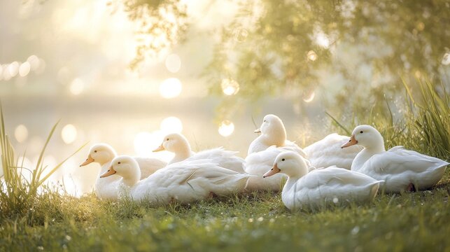 62.A cluster of white ducks resting in a grassy area near a serene pond, with soft sunlight illuminating their feathers and a gentle breeze rippling the water.