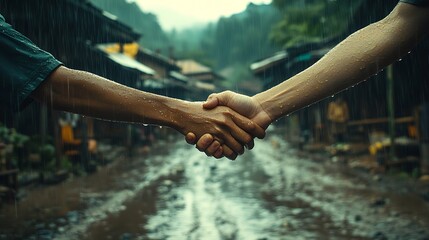 A handshake in a small village during a rainstorm, with muddy roads and waterlogged rooftops visible, raindrops creating texture on the hands, muted natural lighting adding a rustic tone, hd quality,