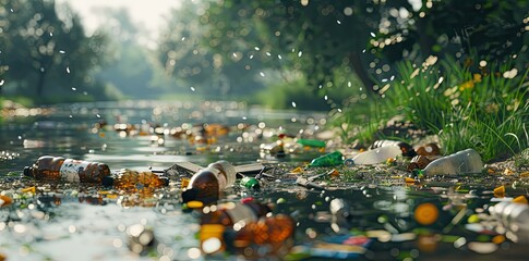 river full of plastic bottle and trash