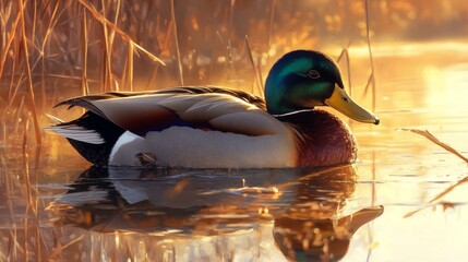 22.A detailed depiction of a mallard duck resting on the surface of a serene lake, surrounded by reeds and soft sunlight highlighting its glossy feathers.