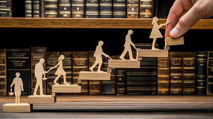 Wooden Figures Climbing a Staircase in Front of Bookshelves