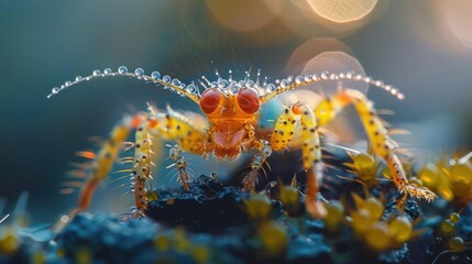 A close-up photo of a tiny insect covered in water droplets