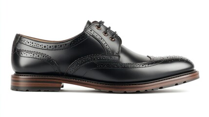 Black leather brogues with a thick sole and round toe, side view on a white background. Men's shoes in black color with brown rubber outsoles.