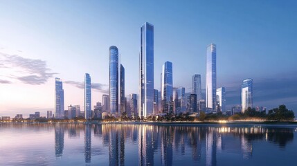 Modern Cityscape at Dusk with Water Reflection and Futuristic Design