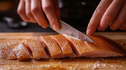 86.Close-up of a woman's hands slicing diagonal cuts into the skin of a raw duck breast, the blade reflecting light, with a wooden cutting board and subtle kitchen background details.