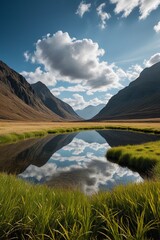 grassy area with a small pond in the middle of it
