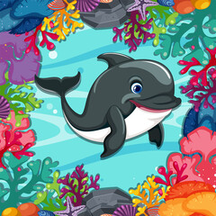 Playful dolphin surrounded by vibrant underwater corals