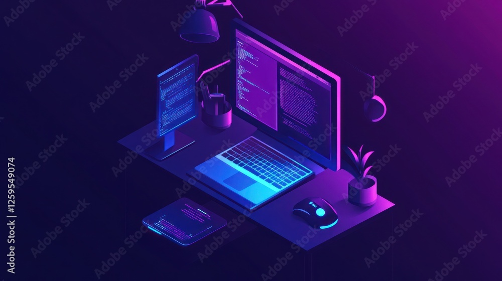 Poster isometric illustration of a modern workspace with coding screens