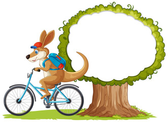 Kangaroo rides a bicycle beside a large tree © brgfx