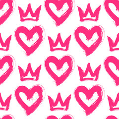 Seamless pattern featuring vibrant pink hand-drawn hearts and crowns on a white background. The playful and bold design creates a whimsical and romantic aesthetic. 