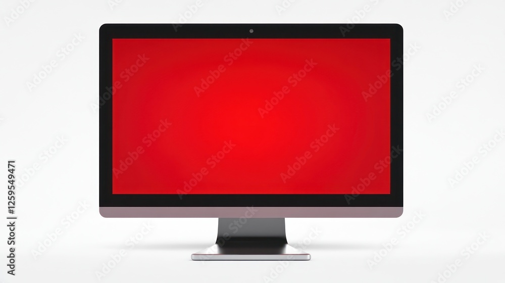 Poster modern computer monitor displaying a vibrant red screen on white background