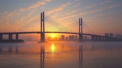 Obraz premium Majestic sunrise over a modern bridge reflecting in calm waters with city skyline in background
