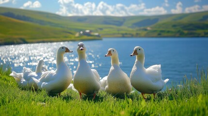 57.A natural setting of white ducks standing and sitting on soft green grass next to a sparkling body of water, with the backdrop of a clear blue sky and distant hills.