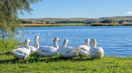 Obraz premium 57.A natural setting of white ducks standing and sitting on soft green grass next to a sparkling body of water, with the backdrop of a clear blue sky and distant hills.