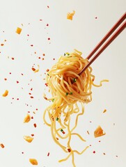 Realistic photo of Chinese-style noodles floating in air, held by chopsticks on a clean black background. Perfect for food ads, high-quality and appetizing