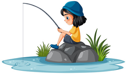 A child fishing while sitting on rocks