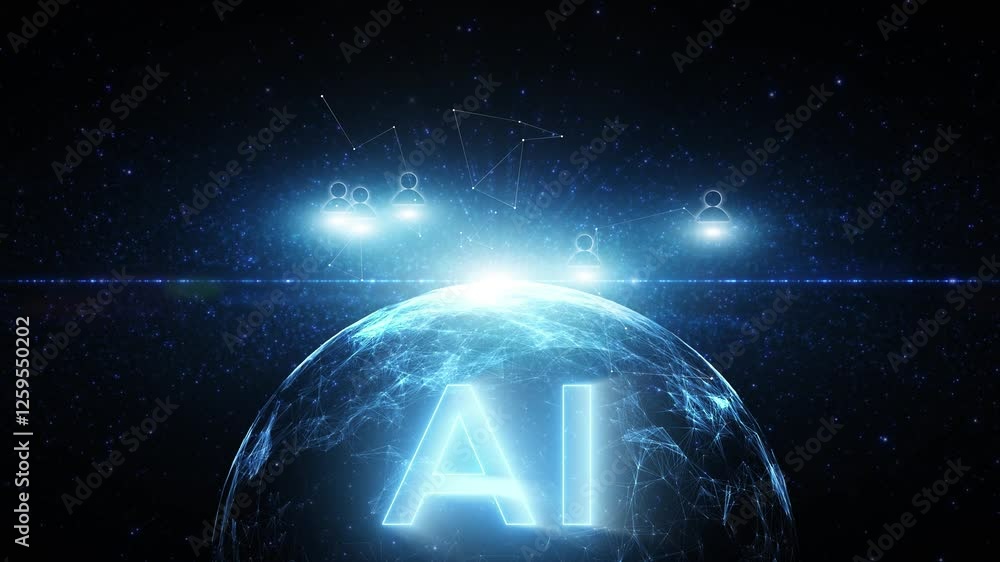 Poster 3d digital technology sphere with loop people icons and ai alphabet caption animation.