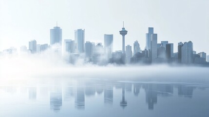 Obraz premium Misty City Skyline Reflection with Fog and Modern Buildings Under Clear Blue Sky