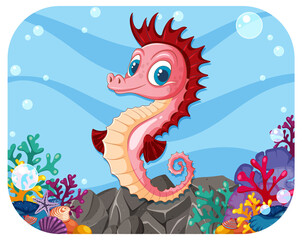 A cheerful seahorse amidst colorful underwater coral scenery