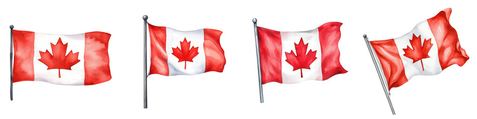Proudly waving Canadian flags in various styles and designs, isolated on transparent background.