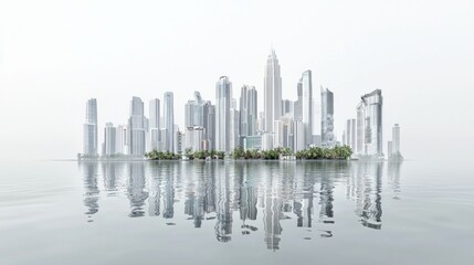 Fototapeta premium Modern Skyline Reflection Over Calm Water with Skyscrapers and Greenery in Urban Environment