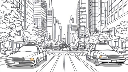 City street, taxis, perspective, urban, line art, background buildings, transportation illustration