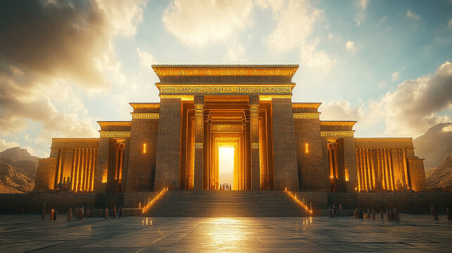 Solomon’s Temple stands as a radiant cosmic gateway uniting heaven and earth its luminous foundation glows with celestial energy symbolizing divine wisdom order and sacred connection in the universe

