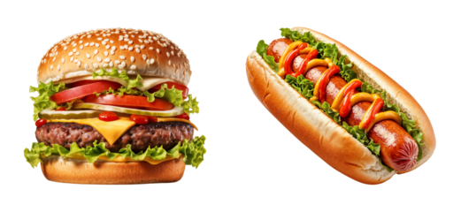 Hot dog with mustard and ketchup with burger, isolated on white background