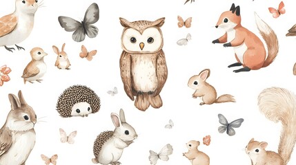 Watercolor seamless pattern depicts cute forest animals and butterflies
