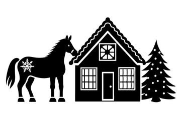 christmas cottage farm horse  silhouette  vector
