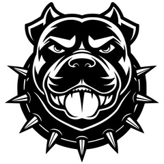 An aggressive bulldog head is in a striking bold black and white silhouette with a tough expression and spiked collar. Great for sports teams, esports branding, digital artwork, vector mascot
