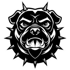 An aggressive bulldog head is in a striking bold black and white silhouette with a tough expression and spiked collar. Great for sports teams, esports branding, digital artwork, vector mascot
