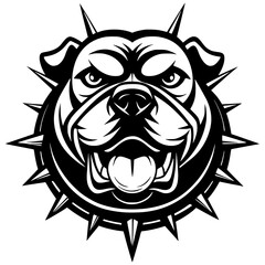 An aggressive bulldog head is in a striking black and white silhouette with a tough expression and spiked collar. Great for sports teams, esports branding, digital artwork, vector mascot