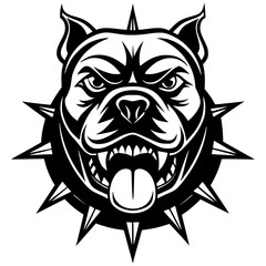 An aggressive bulldog head is in a striking black and white silhouette with a tough expression and spiked collar. Great for sports teams, esports branding, digital artwork, vector mascot