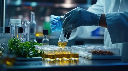 Gloved hands carefully pour yellow liquid into sample vials in a lab. Image depicts scientific research and analysis of plant-based substances.