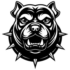 An aggressive bulldog head is in a striking bold black and white silhouette with a tough expression and spiked collar. Great for sports teams, esports branding, digital artwork, vector mascot