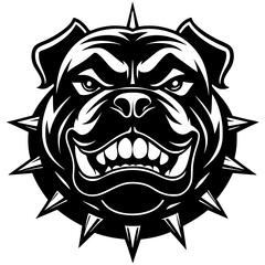 An aggressive bulldog head is in a striking bold black and white silhouette with a tough expression and spiked collar. Great for sports teams, esports branding, digital artwork, vector mascot