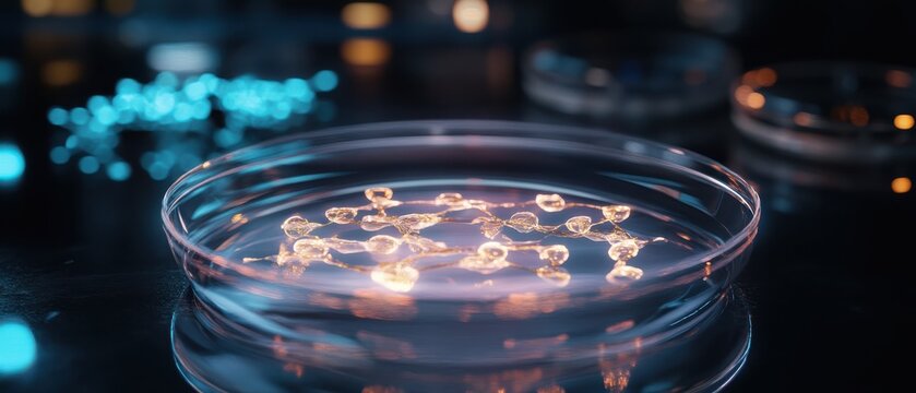 A transparent 3D holographic DNA strand glowing above multiplying stem cells
