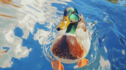 20.A vivid close-up of a mallard duck with shimmering green head feathers and bright orange feet, calmly floating on a crystal-clear lake reflecting the blue sky.