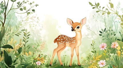 Watercolor painting of a cute fawn in a floral meadow
