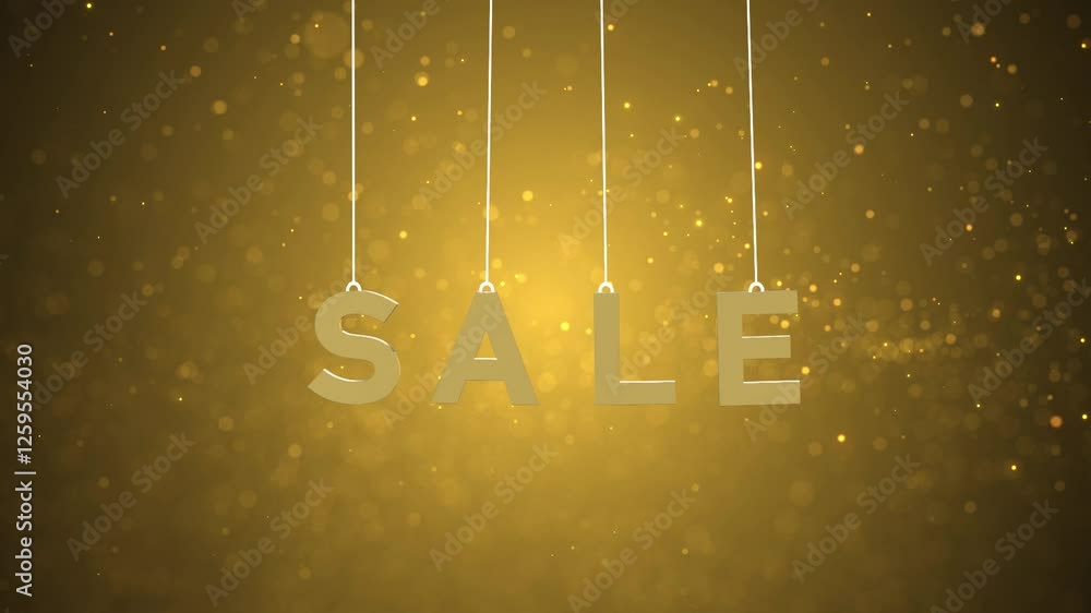 Poster magic golden light particles with sale word swinging loop animation background.