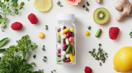 A transparent plastic bottle of colorful vitamin capsules with fresh natural ingredients