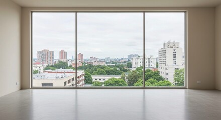 Fototapeta premium This bright and spacious room features a large window with an urban view, complemented by neutral colors, hardwood floors, and minimalist decor
