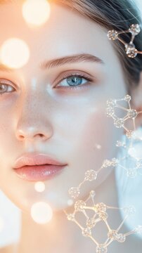 A young woman&rsquo;s flawless skin radiating vitality with floating molecular structures